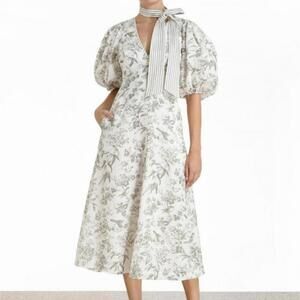 Zimmermann Linen Day Midi Dress Olive Toile Print